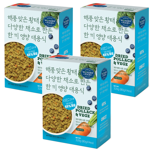 원더푸드 강아지 전연령용 한 끼 영양 대용식 닭고기 사료 4p, 황태, 320g, 3개