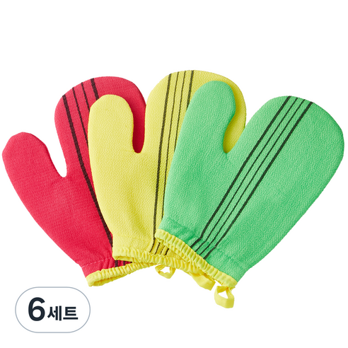코멧 홈 엄지 목욕 때밀이 장갑 3종 세트, 그린, 엘로우, 레드, 6세트