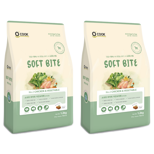 OCOOK 전연령 강아지 바이트 소프트사료, 닭+야채, 1.2kg, 2개