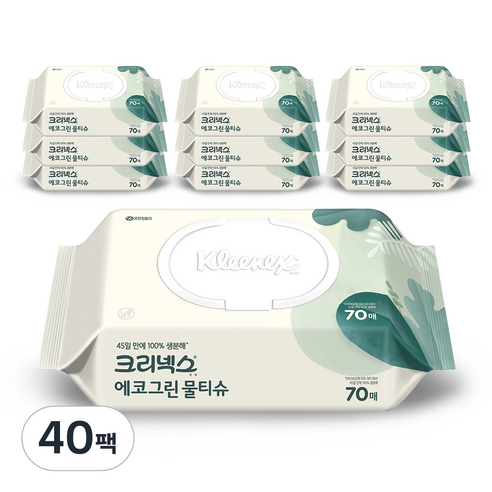 크리넥스 에코 그린 물티슈 캡형 랜덤 발송, 70매, 40세트