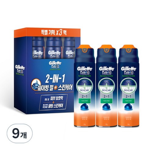 질레트 퓨전 프로글라이드 센서티브 2 in 1 퓨어스포츠 쉐이빙 젤, 170g, 9개