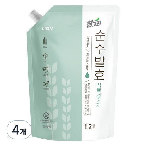 참그린 순수발효 식물 설거지 주방세제 리필, 1.2L, 4개