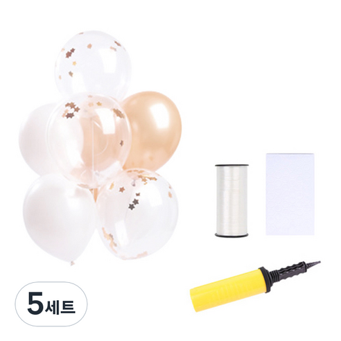 메탈릭 스타 컨페티 풍선 10p + 펄풍선 20p + 손펌프 랜덤발송 + 컬링리본 화이트 소 + 스펀지닷 25p 세트, 로즈골드, 5세트