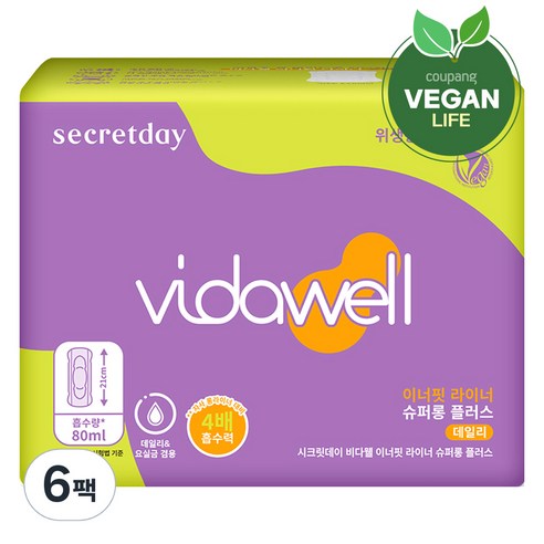 비다웰 요실금 시크릿데이 이너핏 라이너, 슈퍼롱플러스, 18개입, 6개