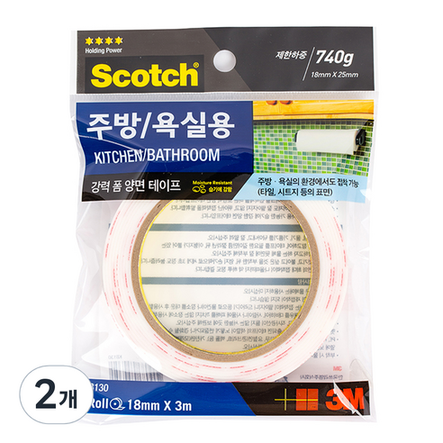 스카치 주방욕실용 폼 양면테이프 18mm x 3m, 2개