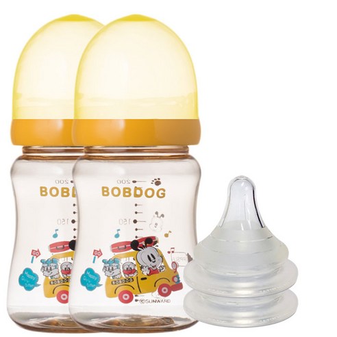 리틀밥독 국내 제조 프리미엄 PPSU 젖병 + 젖꼭지, 옐로우, 200ml, 2세트