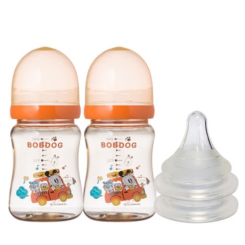 리틀밥독 PPSU 유꼭지젖병 트윈팩 200ml 젖꼭지 2개입, 4단계(6개월 이상), 오렌지