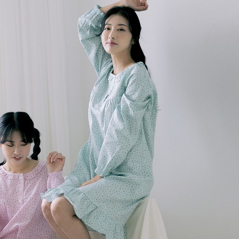 테라우드 여성용 순면 긴팔 원피스 잠옷