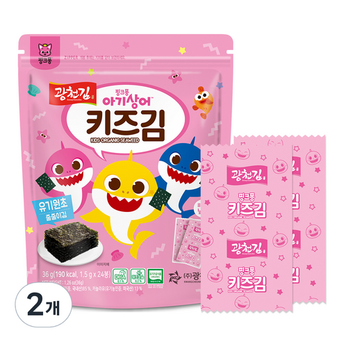 광천김 핑크퐁 아기상어 유기원초 줄줄이 키즈김, 36g, 2개