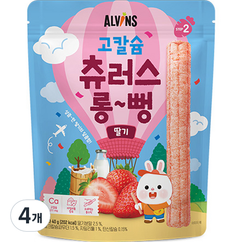 엘빈즈 유아용 고칼슘 츄러스 롱뻥 STEP2, 딸기맛, 40g, 4개