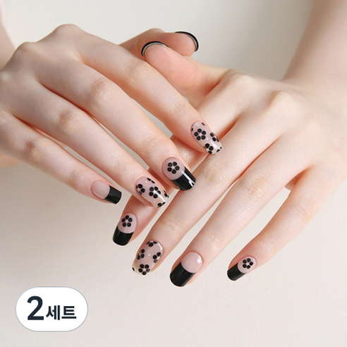 티올라 볼륨 렙 네일 & 페디 스티커 세트 큐티 블랙 플라워, 2세트