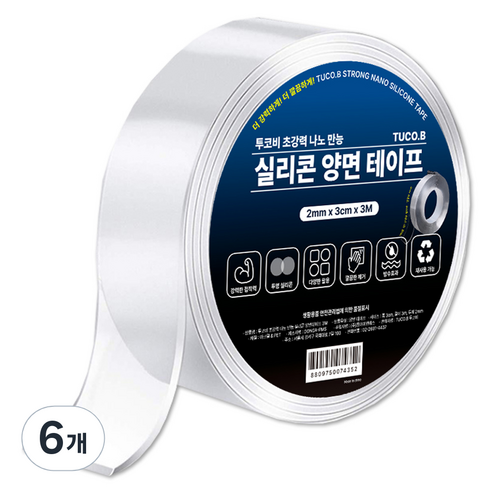 투코비 초강력 나노 만능 실리콘 양면테이프 3cm x 3m x 2mm, 투명, 6개