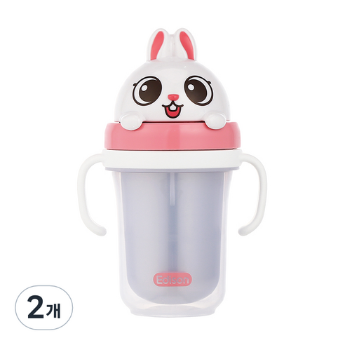 에디슨 국산 프렌즈 흘림방지 이중 스텐 빨대컵 2, 토끼 래니, 2개, 300ml