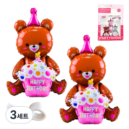 파티쇼 생일파티 곰돌이 은박 풍선 컵케익 2p + 글루닷 접착 스티커 세트, 브라운(곰돌이 은박 풍선), 브라운(곰돌이 은박 풍선), 3세트