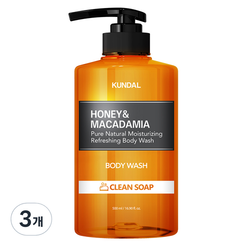 쿤달 허니 앤 마카다미아 퓨어 바디워시 클린솝, 500ml, 3개