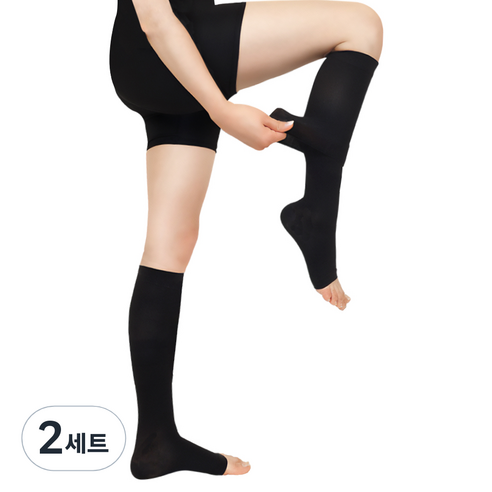 원더워크 프리미엄 의료용 이지 발트임 압박스타킹 블랙, 2세트, 종아리/무릎형