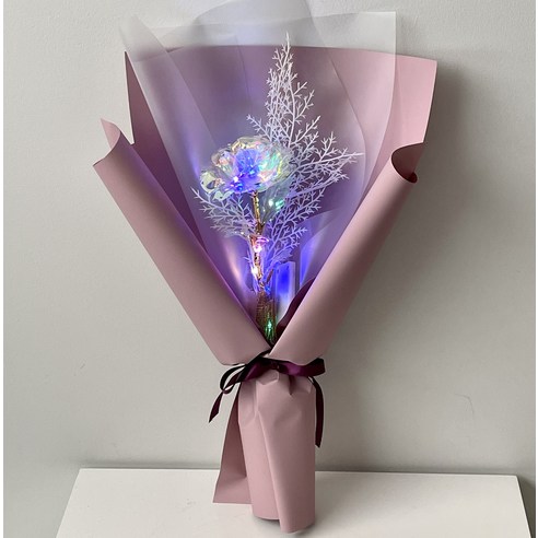 미다운플라워 조화 홀로그램 장미 미니꽃다발 LED 한송이 + 눈꽃 조화, 인디퍼플, 1세트