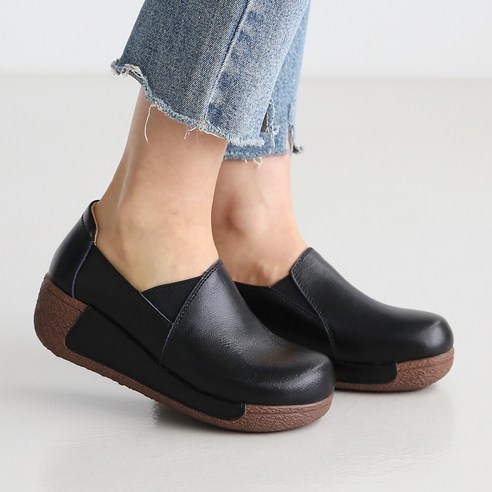 단골언니 여성용 소가죽 키높이 컴포트 통굽 웨일즈 슬립온 5cm