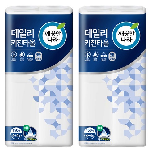 깨끗한나라 데일리 천연펄프 식품용 키친타올 150매, 8롤, 2팩