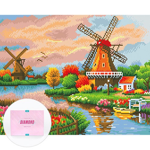 디클레어 액자 캔버스형 보석십자수 DIY 키트 40 x 50 cm, 1세트, 저녁노을 풍차