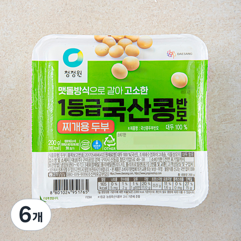 청정원 국산 1등급 찌개용 콩두부 반모, 200g, 6개