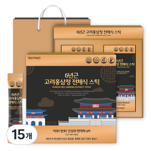 개성고려삼인 6년근 고려홍삼정 전체식 스틱 + 쇼핑백, 360g, 15개