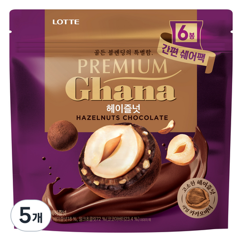롯데웰푸드 프리미엄 가나 헤이즐넛 초콜릿 쉐어팩 6p, 144g, 5개