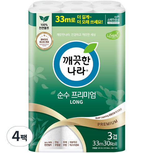 깨끗한나라 3겹 천연펄프 순수 프리미엄 화장지 33m, 30롤, 4팩