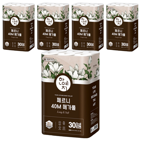 한예지 페르니 메가롤 3겹 천연펄프 화장지, 40m, 30롤, 5개