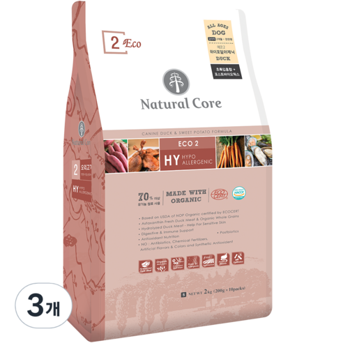 네츄럴코어 전연령 에코2 강아지 작은알갱이 건식사료, 오리, 1kg, 3개