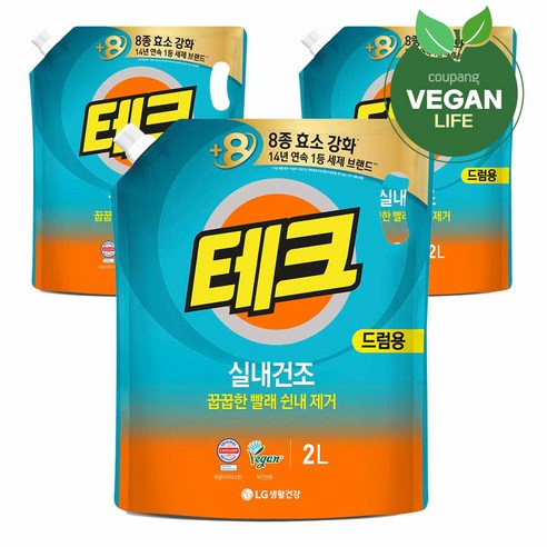 테크 실내건조 액체세탁세제 드럼 리필, 2L, 3개