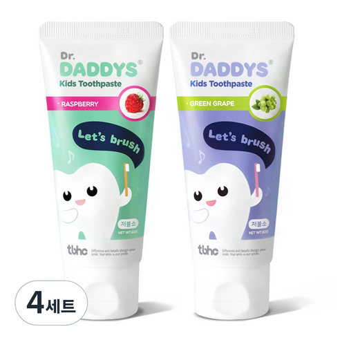 닥터데디스 저불소 키즈치약 라즈베리향 60g + 청포도향 60g 세트, 4세트