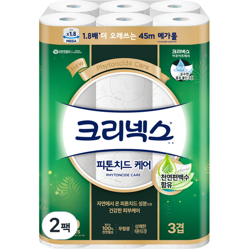 크리넥스 3겹 피톤치드 케어 메가롤 천연펄프 화장지 45m, 2개, 30개입