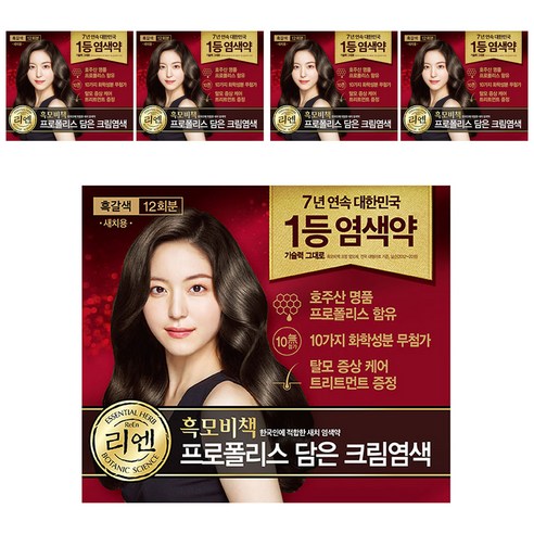 리엔 흑모비책 프로폴리스 담은 크림 염색제 새치용 12회분, 흑갈색, 5개