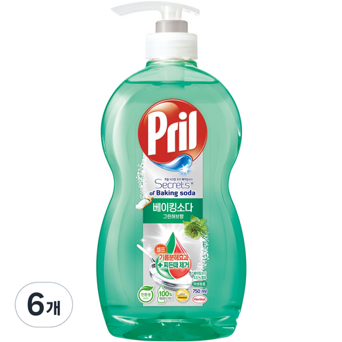 프릴 시크릿 오브 베이킹소다 주방세제 그린허브 향, 750ml, 6개