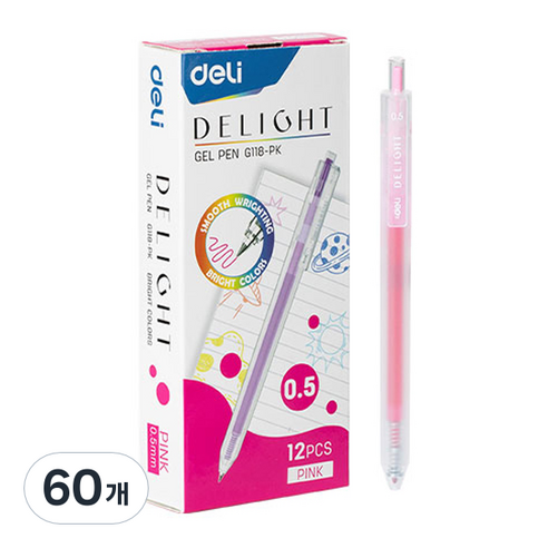 델리 델라이트 퀵드라이 노크식 젤잉크펜 0.5mm EQ118, 핑크, 60개