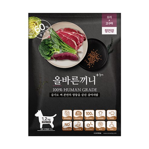 국개대표 전연령용 올바른끼니 오리 고구마 기능성 사료, 장건강/유산균, 1.2kg, 1개 
반려동물용품