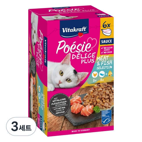 비타크래프트 고양이 델리스 플러스 멀티팩 하트캔 2종 x 3p 세트, 닭+연어, 510g, 3세트