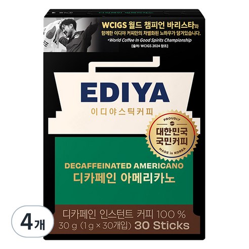이디야 디카페인 아메리카노 원두커피스틱, 1g, 30개입, 4개