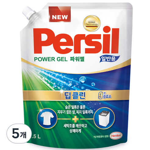 퍼실 딥클린 파워젤 일반용 액상세제 리필, 1.5L, 5개