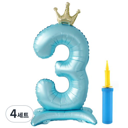 올리브파티 대형 스탠딩 왕관 생일 풍선 숫자3 + 손펌프 세트, 블루(풍선), 4세트