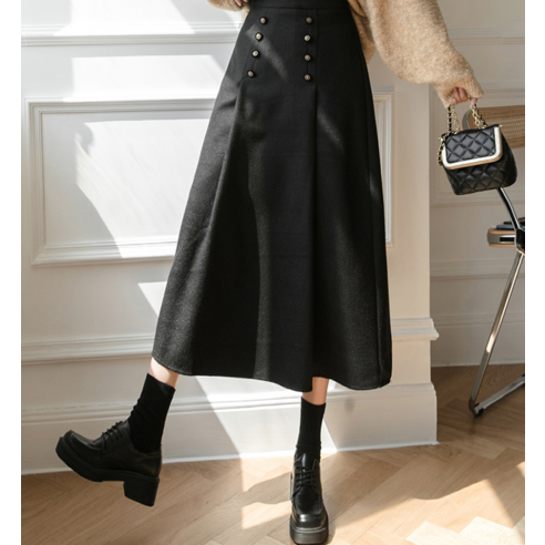 실루엣이 날씬해 보이는 여성스러운 겨울 모직 A라인 플레어 롱 스커트