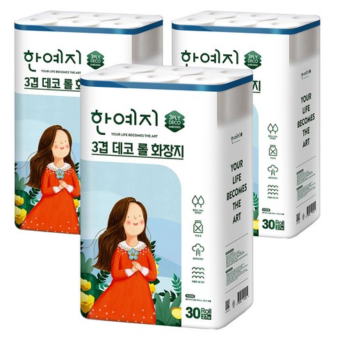 한예지 3겹 데코 천연펄프 롤화장지 27m, 30롤, 3팩
