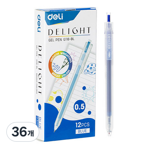 델리 델라이트 퀵드라이 노크식 젤잉크펜 0.5mm EQ118, 블루, 36개