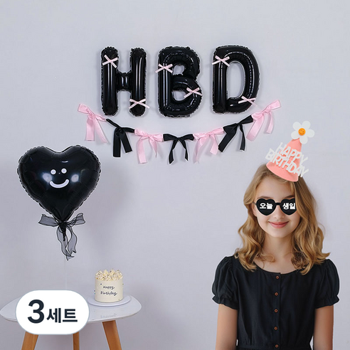 피앤비유니티 HBD 리본 생일 파티 풍선 15종 세트, 01 핑크스탠다드형, 3세트