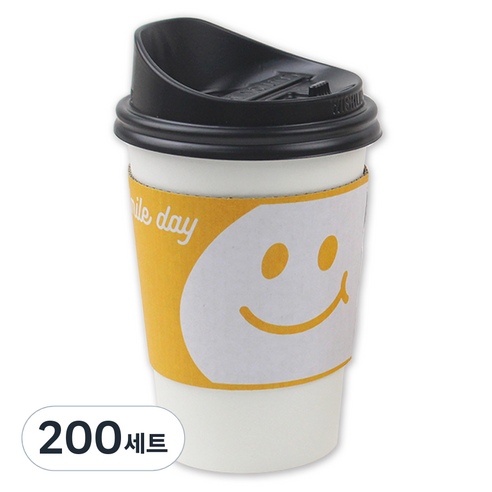 아이엔피 종이컵 화이트 무지 380ml + 롱개폐 뚜껑 + 홀더 스마일옐로 세트, 200세트