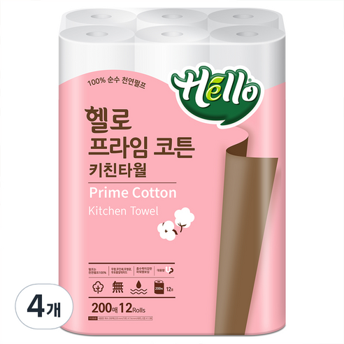 헬로 프라임코튼 롤키친타올 200매, 12개입, 4개