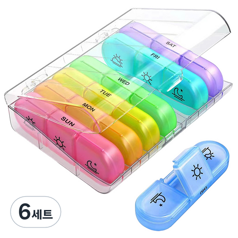 네스팅홈 요일별 21칸 약통 끼니별 알약 케이스 투명 7색, 6세트