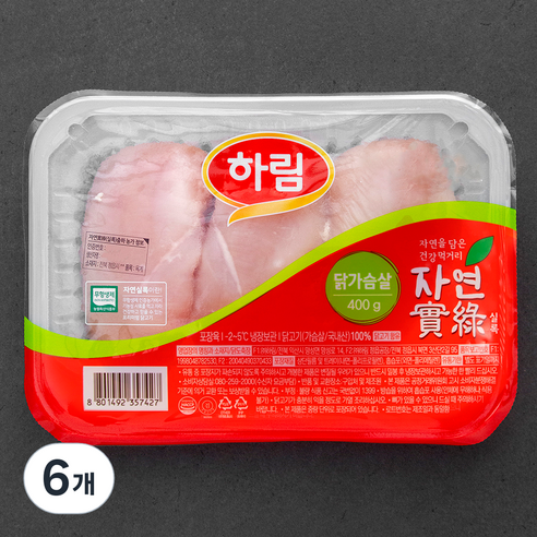 하림 자연실록 무항생제 인증 닭가슴살 (냉장), 400g, 6개