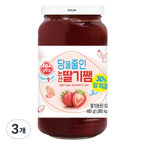 오뚜기 LIGHT 앤 JOY 당을줄인 논산 딸기쨈, 480g, 3개